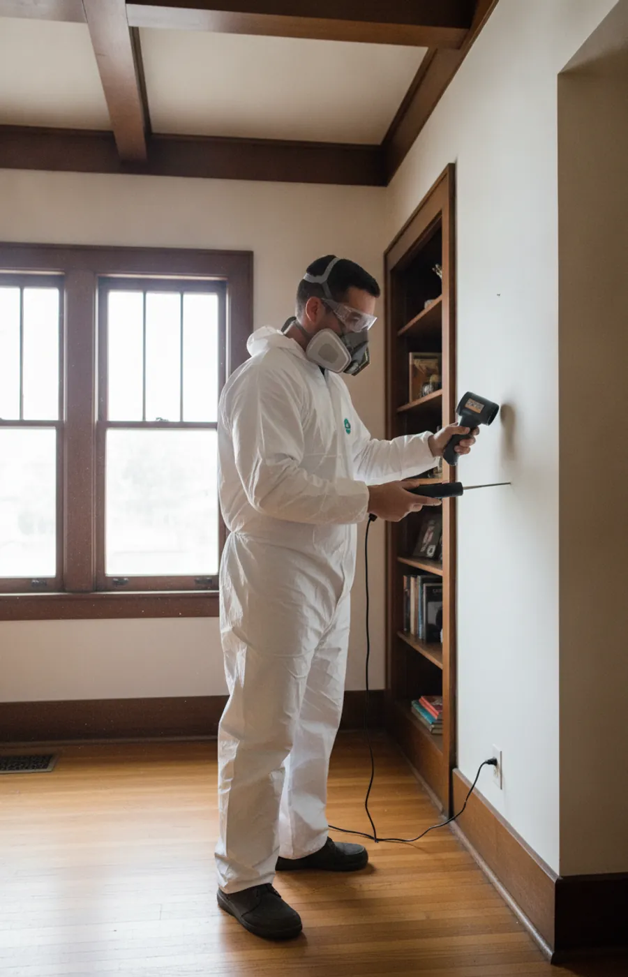 Mold inspection technician using a moisture meter in a Pasadena home