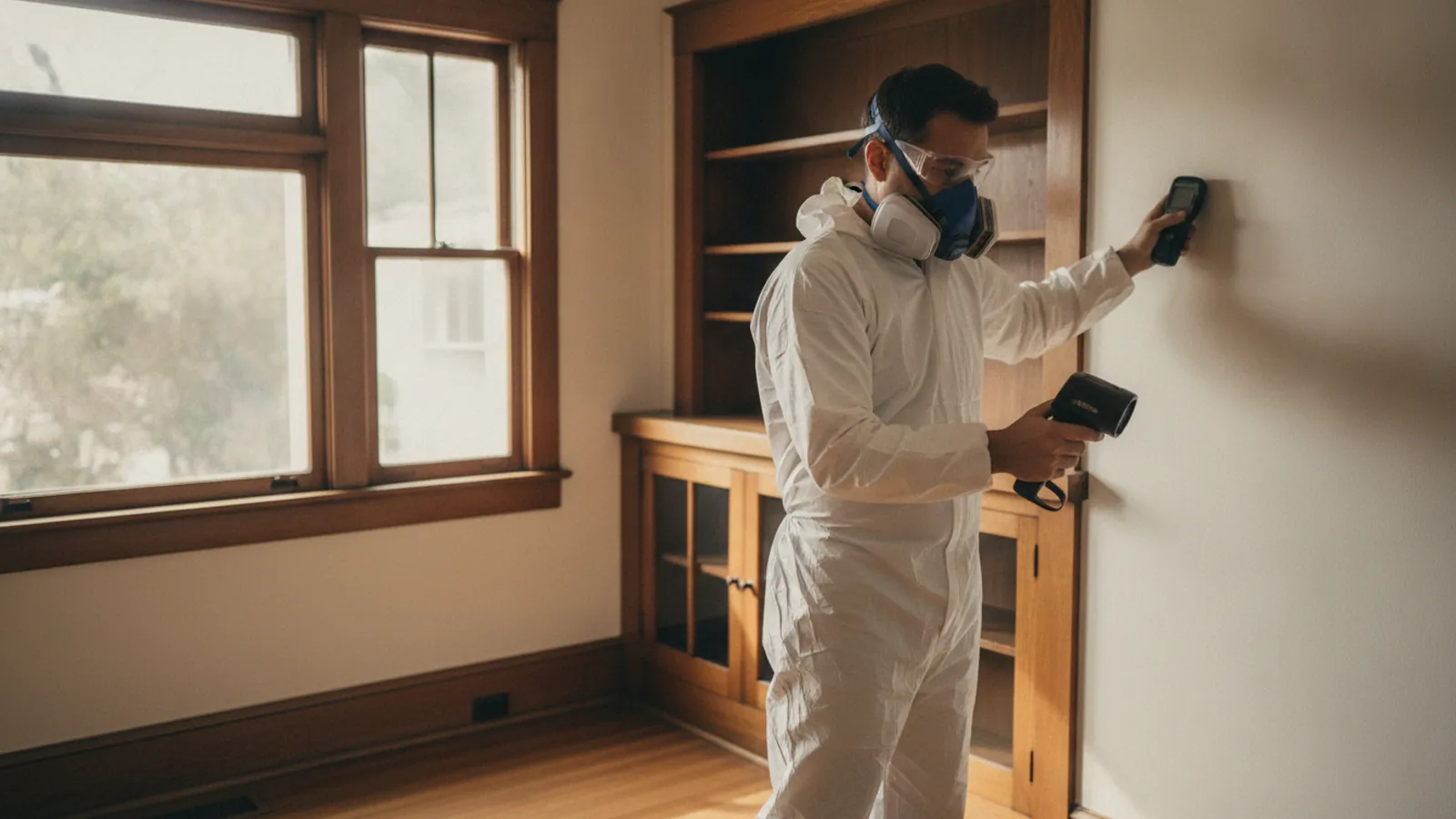 Mold inspection technician using a moisture meter in a Pasadena home